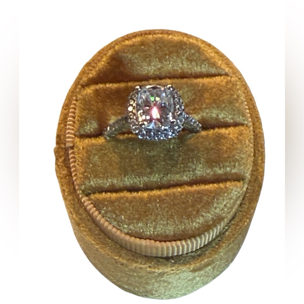 3.0ct Silver Halo Cushion-Cut Moissanite Engagement Ring.